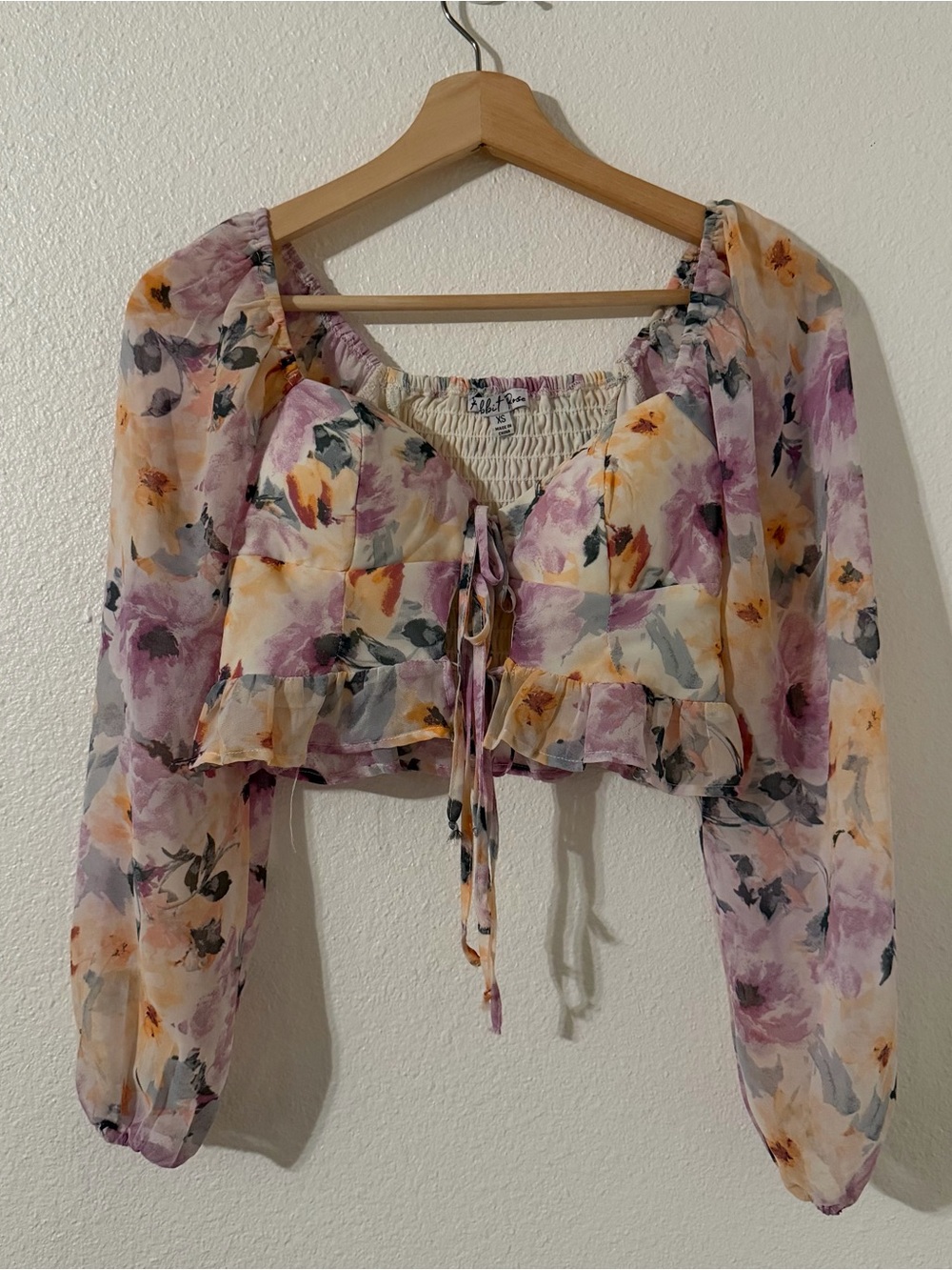 Rabbit Rose Smocked Back Floral Puff-Sleeve Tie-Front Crop Top Size XS